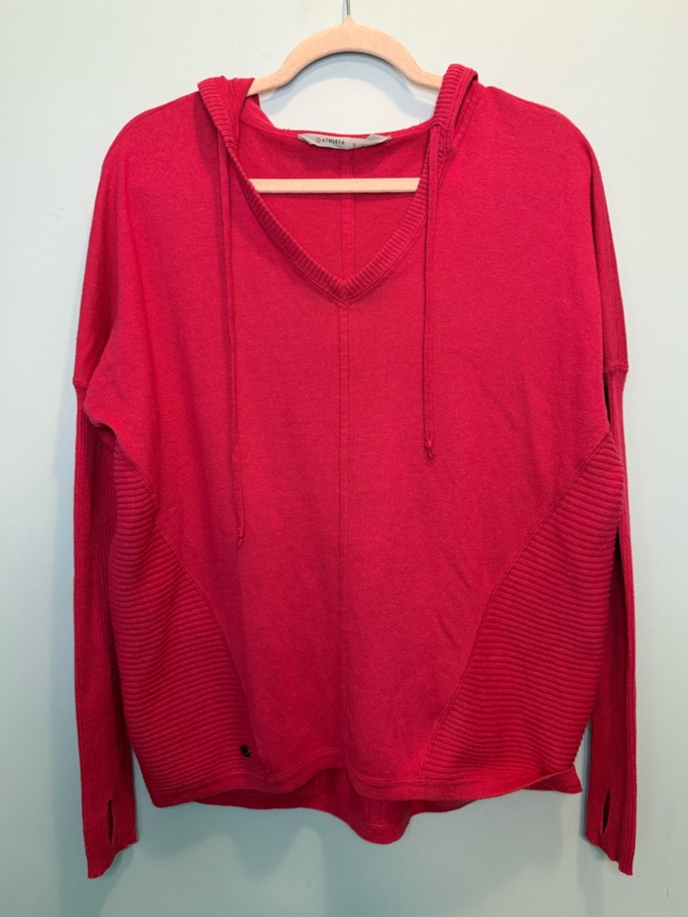 Athleta Metta Pink Ribbed V-Neck Hoodie Sweater Size Medium